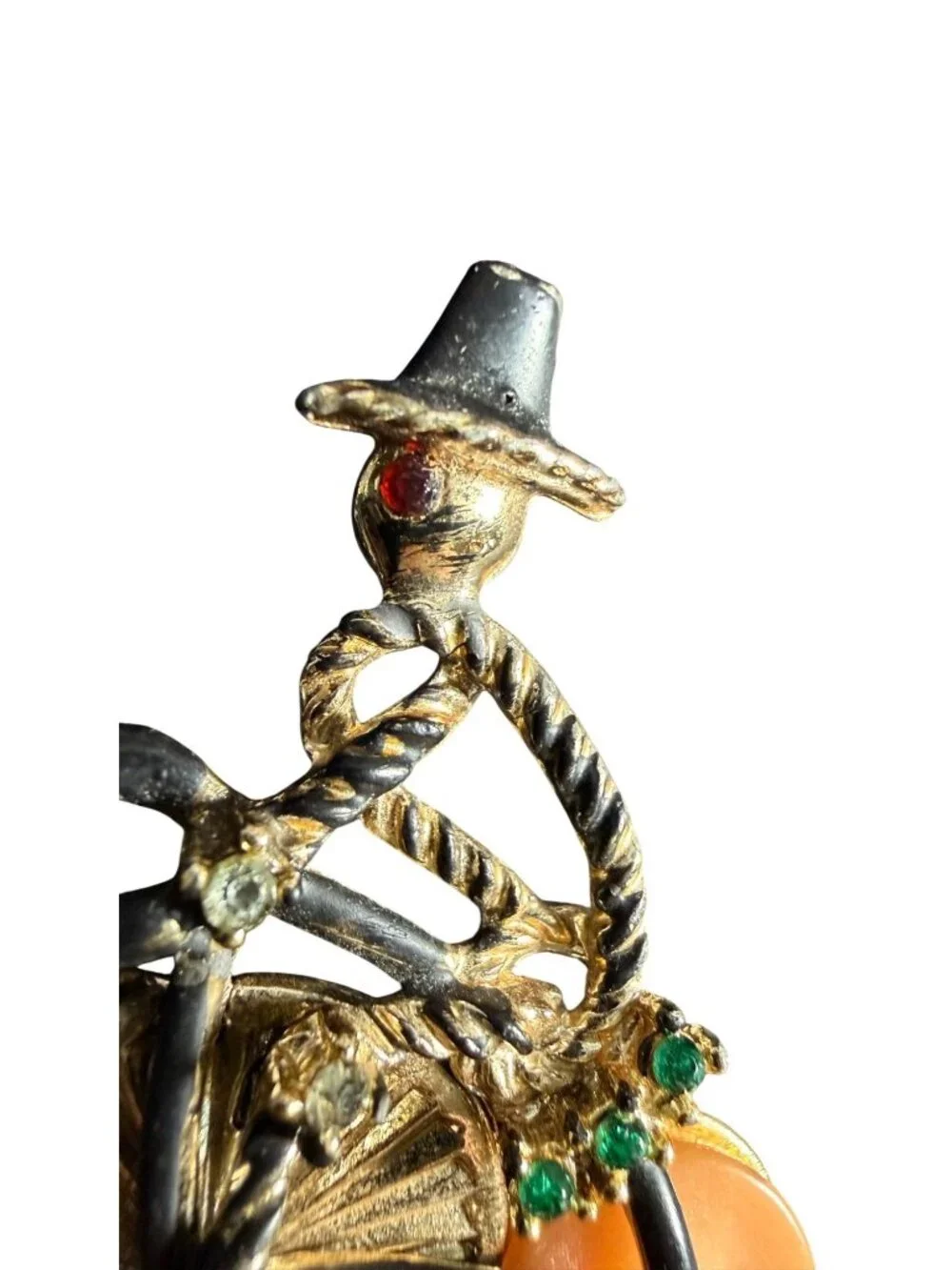 Vintage Gold Tone Penny Farthing Bicycle Brooch Pin Celluloid Wheel Rhinestone